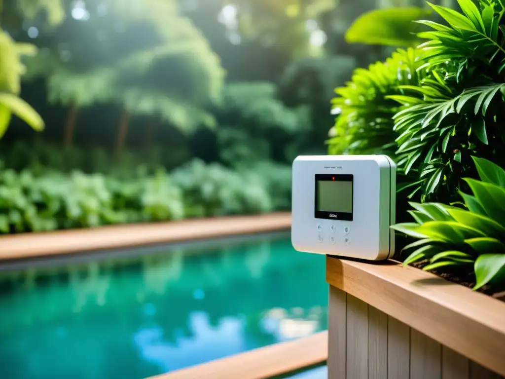 Seguridad piscina: sistema de alarmas moderno y fiable Alarmas de piscina para seguridad: Sistema moderno con sensores elegantes y panel digital junto a una piscina cristalina rodeada de exuberante vegetación, con la luz del sol reflejándose en el agua, creando un ambiente brillante y acogedor