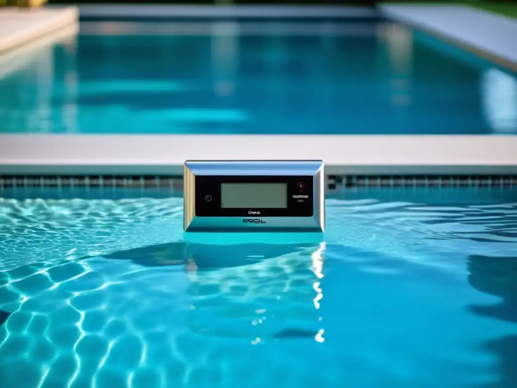 Alarma de piscina moderna: seguridad y lujo Alarmas de piscina para seguridad: sistema moderno con sensores de acero inoxidable y panel de control digital junto a una piscina impecable