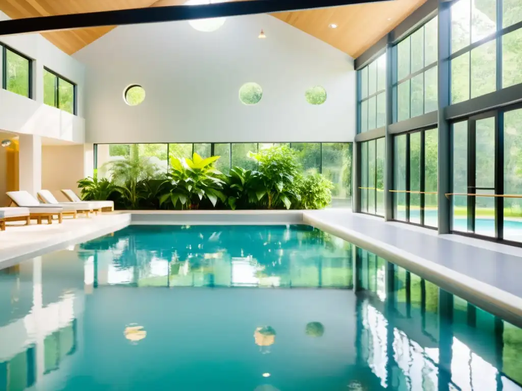 Hidroterapia inclusiva en piscina de aguas cristalinas Un ambiente inclusivo y sereno en una piscina cubierta, con luz natural y vegetación