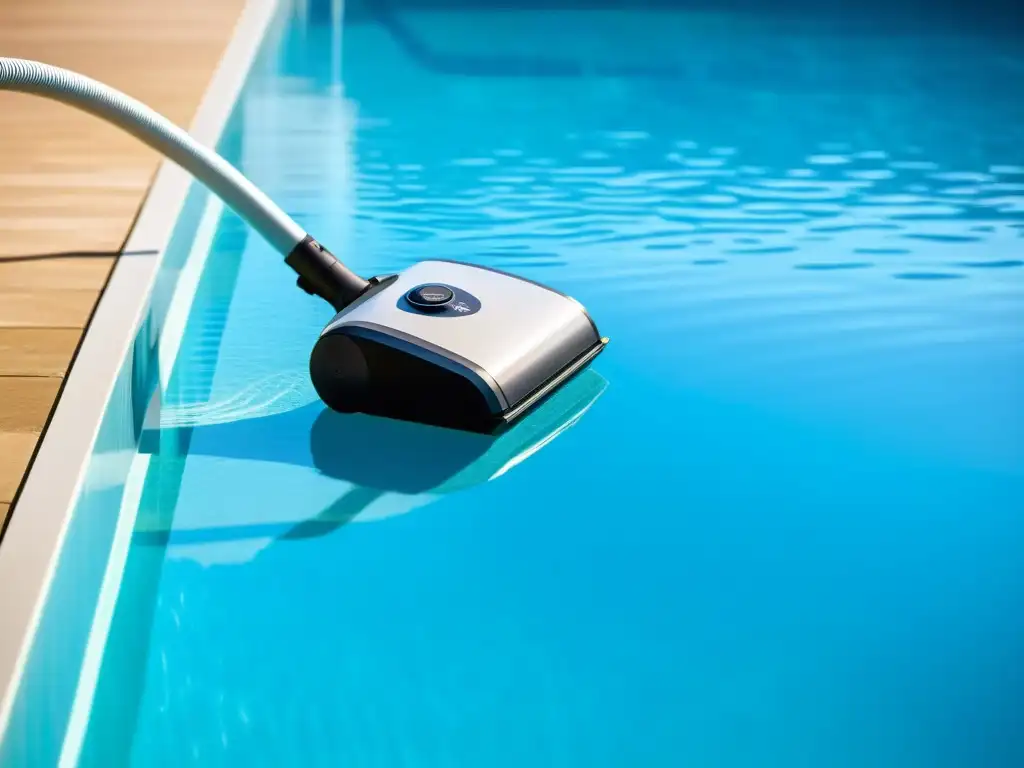 Robótico limpiador de piscina: eficiencia y elegancia bajo el agua Una aspiradora de piscina automática de diseño moderno deslizándose suavemente en una piscina reluciente al sol
