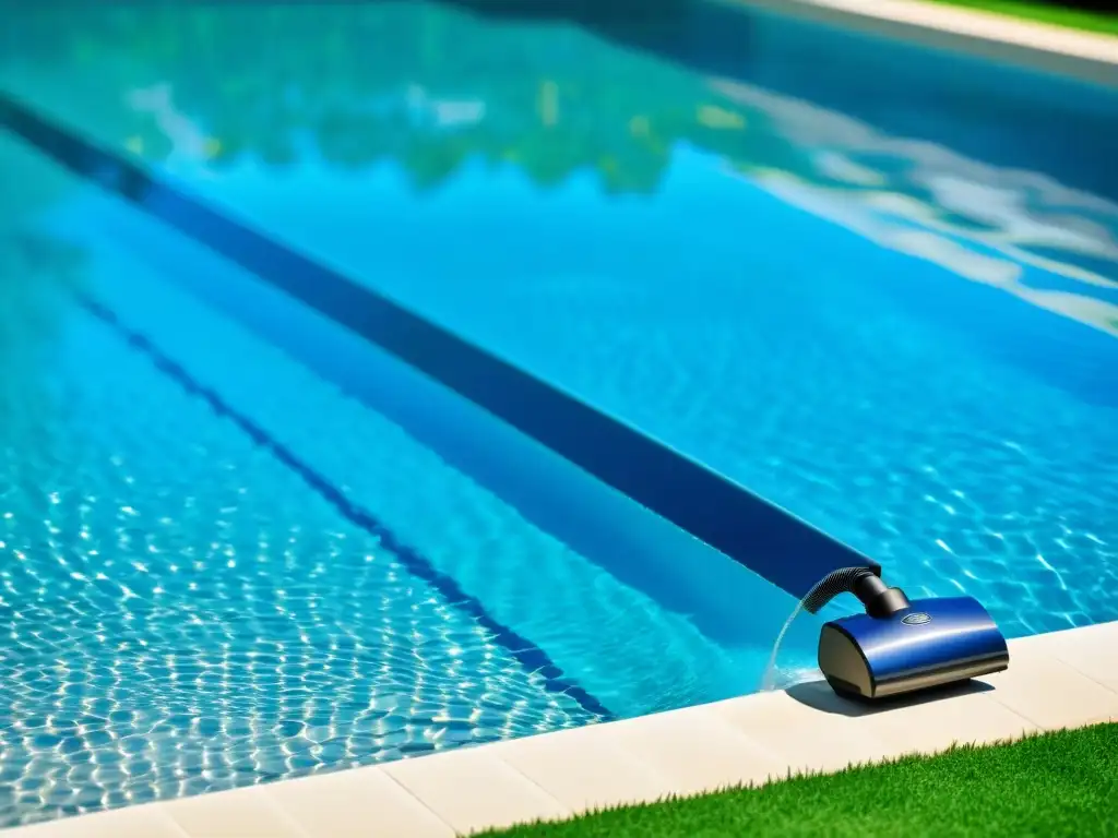 Robótico limpiafondos de piscina en acción Una aspiradora de piscina automática moderna limpia con precisión, contrastando con el agua azul cristalina y el entorno exuberante
