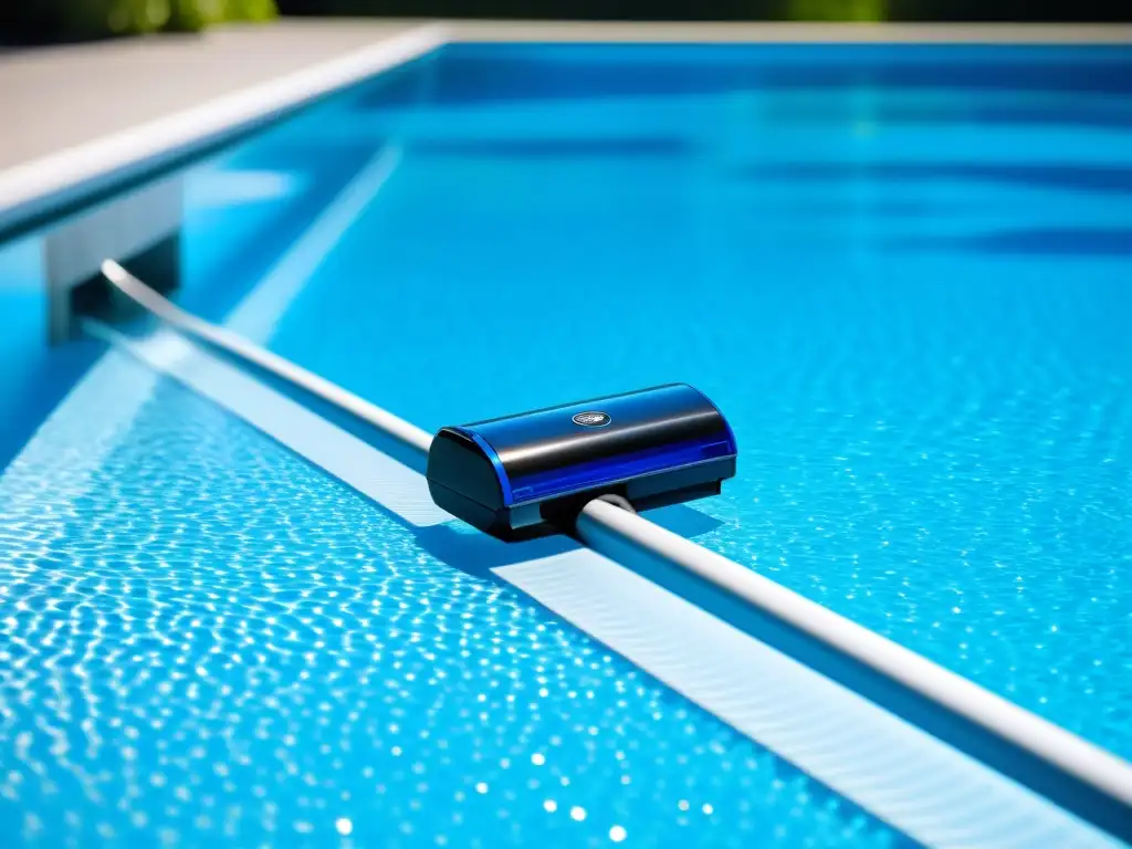 Robot limpiador de piscinas: innovación y eficiencia en acción Una aspiradora de piscina automática moderna se desliza en el fondo de una piscina reluciente, mostrando su diseño elegante y tecnología avanzada