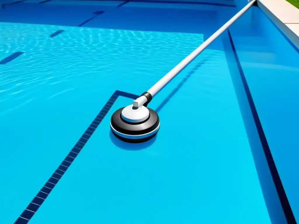 Robótico limpiador de piscinas: eficiencia bajo el agua Una aspiradora de piscina automática moderna limpia el fondo de una piscina azul brillante, demostrando su eficiencia con un diseño elegante