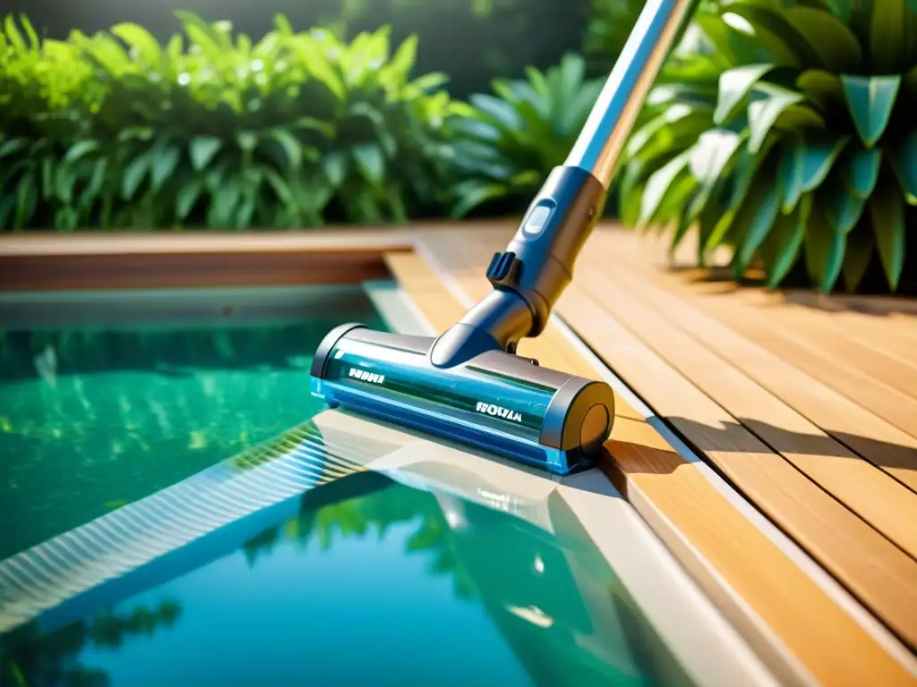 Potente aspiradora de piscina para agua cristalina Una aspiradora de piscina manual moderna y elegante con tecnología avanzada de succión y cepillos, en un entorno de piscina cristalina rodeada de exuberante vegetación
