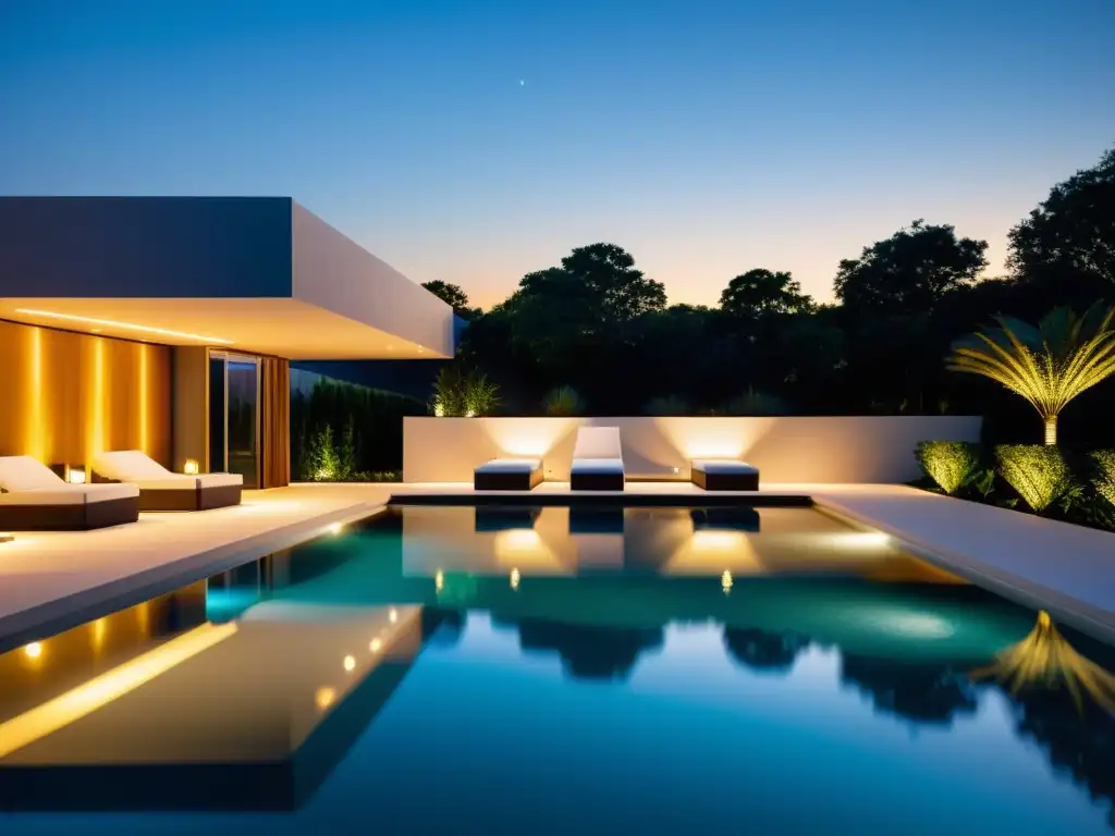 Piscina nocturna iluminada: diseño moderno en 8k Una atmósfera nocturna cautivadora en una moderna área de piscina, iluminada de forma segura y elegante