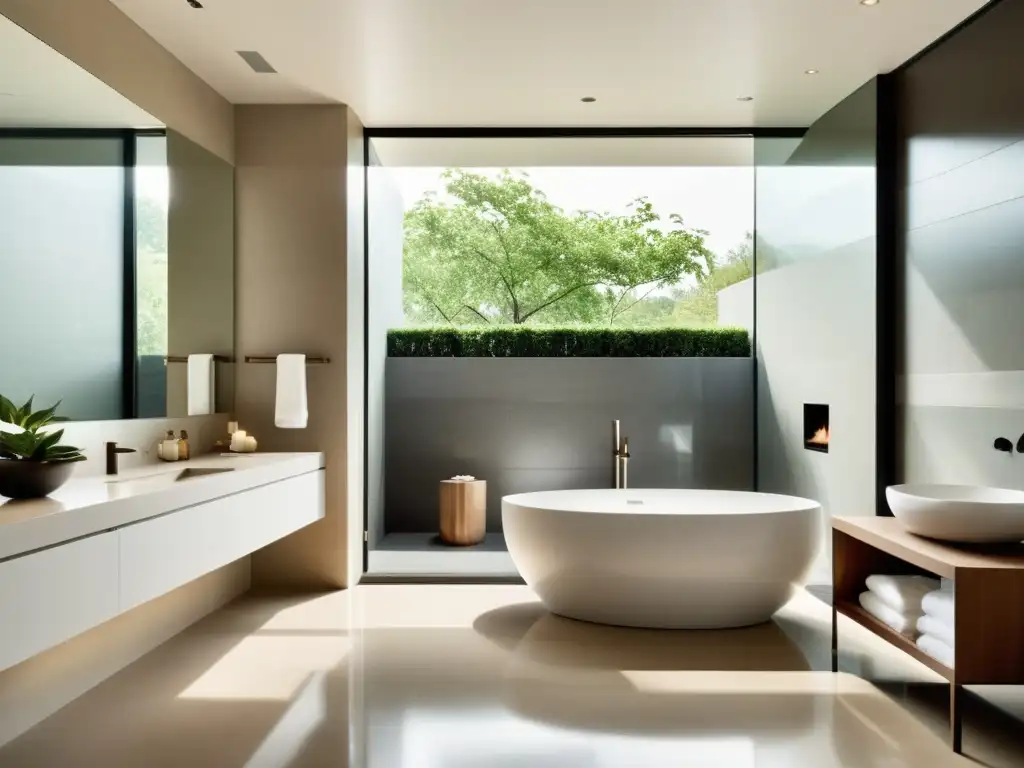 Baño moderno con ducha de cristal espaciosa y elegante, bañera exenta, toques naturales y programas de hidroterapia para vitalidad