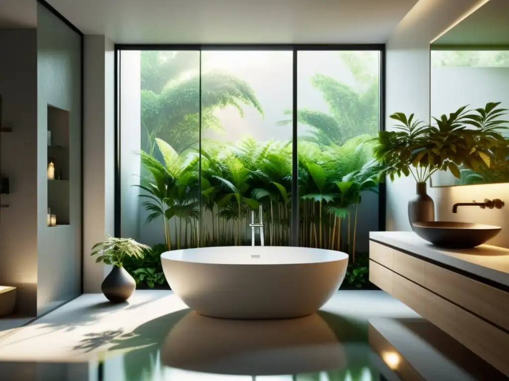Baño moderno y sereno con luz natural, bañera llena de agua cálida, planta verde y decoración minimalista