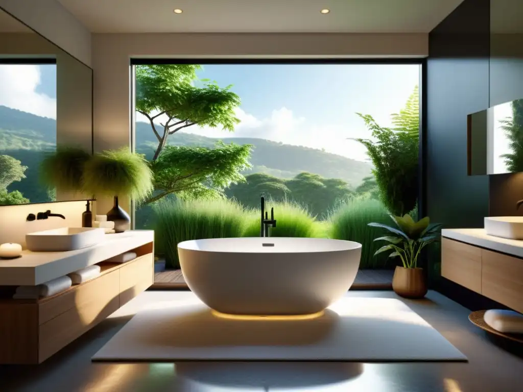 Baño de lujo con bañera moderna junto a ventana panorámica Un baño terapéutico rodeado de naturaleza, con bañera moderna, luz suave y plantas verdes, para disfrutar de los beneficios en la circulación