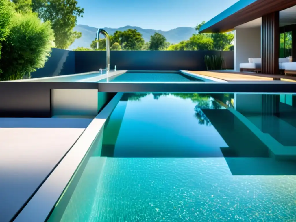Sistema de filtración de piscina: agua cristalina y relajación Brillante sistema de filtración de piscina con la transparencia de sus purificadores y reflejos acuáticos, rodeado de naturaleza y confort