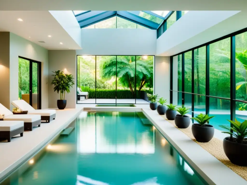 Centro de hidroterapia moderno y sereno con piscina cubierta espaciosa rodeada de vegetación exuberante y luz natural