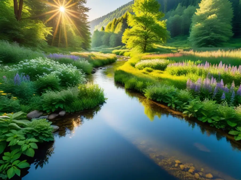 Un claro en el bosque con un arroyo cristalino rodeado de vegetación exuberante y flores silvestres