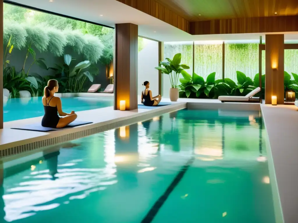 Clase de aeróbicos acuáticos en spa de lujo Clase de ejercicios fitness acuático en spa, rodeados de vegetación y luz suave, en un ambiente sereno y holístico