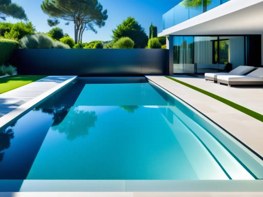 Cubierta de piscina transparente y elegante sobre agua azul Un cobertor de piscina transparente y elegante protege la piscina, creando un ambiente seguro y sofisticado con un juego de luces y sombras cautivador