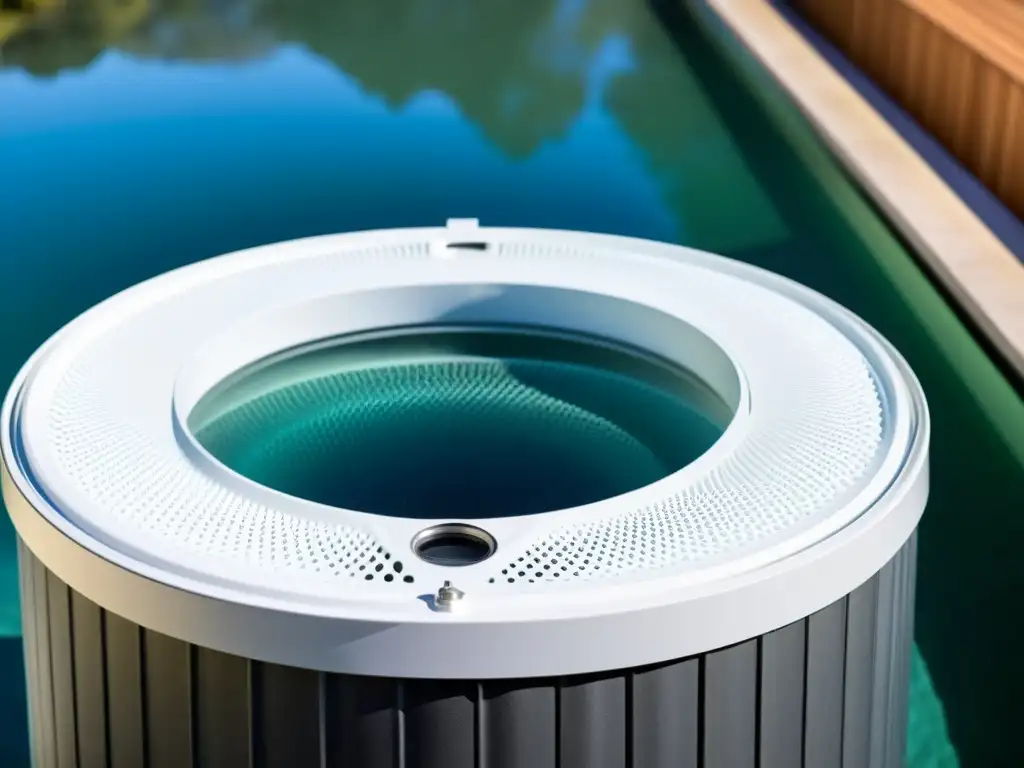 Detalles cristalinos: Filtración de piscina en invierno Consejos de filtración para piscinas en invierno: Detalle de sistema de filtración en acción con agua cristalina y hielo en la superficie, transmitiendo serenidad invernal