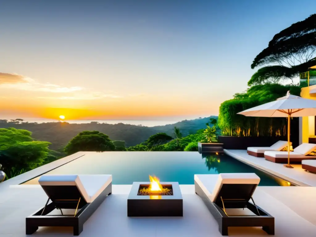 Piscina de lujo con atardecer dorado y exuberante vegetación Construcción de piscinas climatizadas mantenimiento: Un lujoso oasis de serenidad con piscina al aire libre, mobiliario elegante y un atardecer dorado