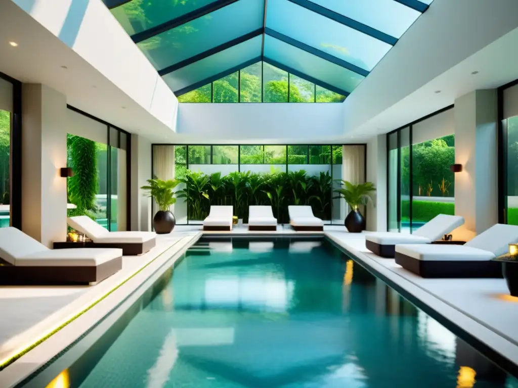 Piscina interior de lujo con agua cristalina y diseño moderno Construcción de piscinas climatizadas mantenimiento: piscina interior lujosa con agua cristalina, diseño moderno y ambiente relajante