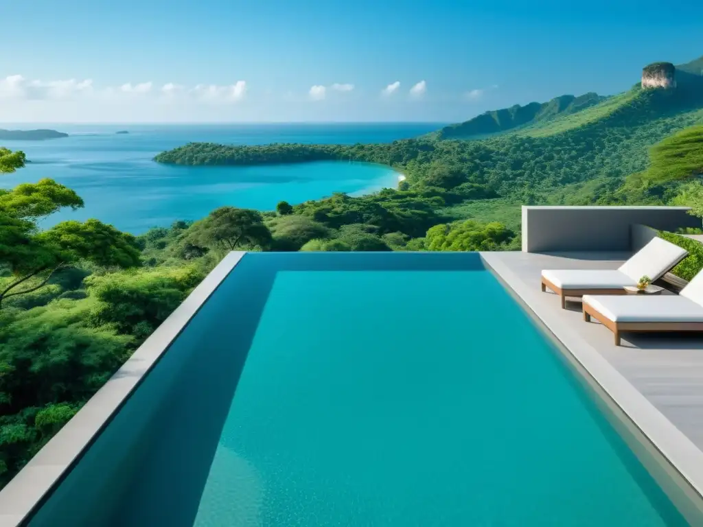 Piscina infinita de diseño moderno en entorno natural Diseño y construcción de piscinas: Imagen impactante de una moderna piscina infinita en un entorno natural exuberante y tranquilo, con líneas limpias y agua turquesa