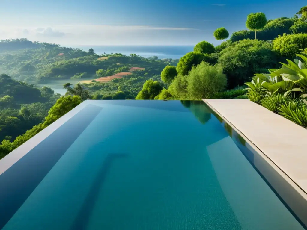 Piscina infinita de diseño moderno y cristalina Diseño y construcción de piscinas: Imagen de una moderna piscina infinita con detalles precisos y agua cristalina fundiéndose con el paisaje