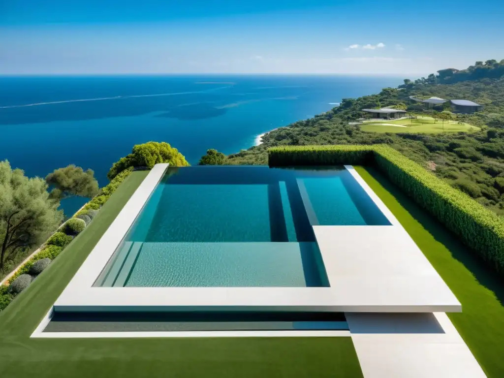 Increíble vista aérea de piscina infinita 8k Diseño y construcción de piscinas: impresionante vista aérea de piscina de infinito moderna con líneas limpias, agua cristalina y paisaje relajante