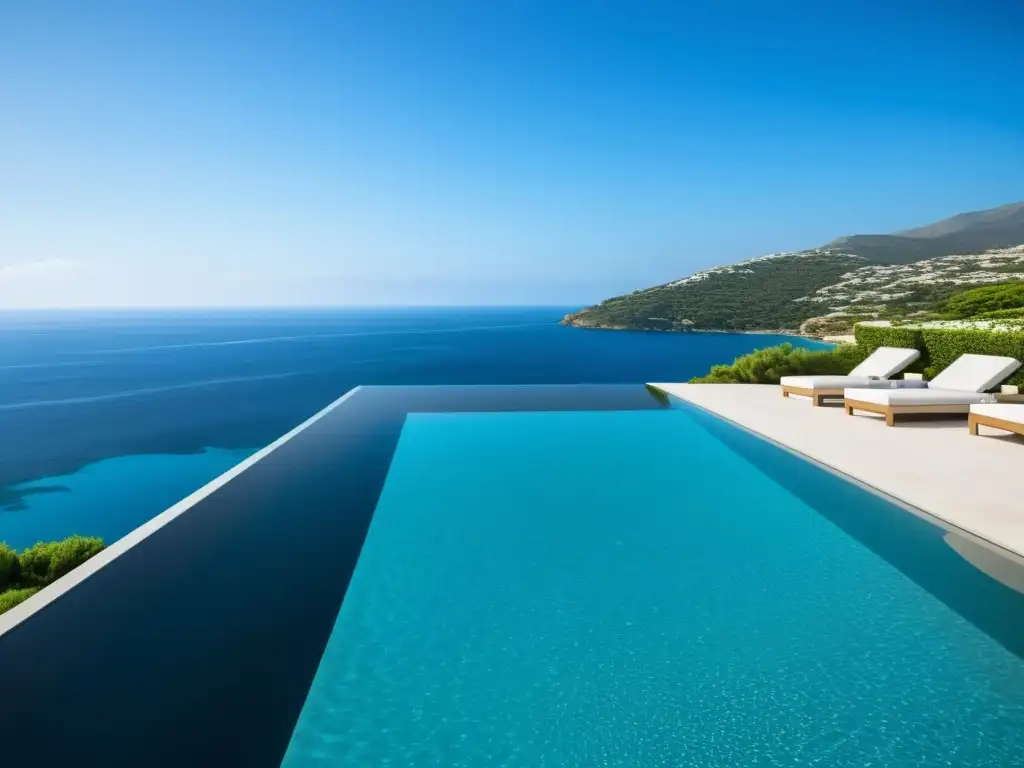 Infinity pool de lujo con vista costera Diseño y construcción de piscinas: Infinity pool moderna con paisaje costero y ambiente de lujo y tranquilidad