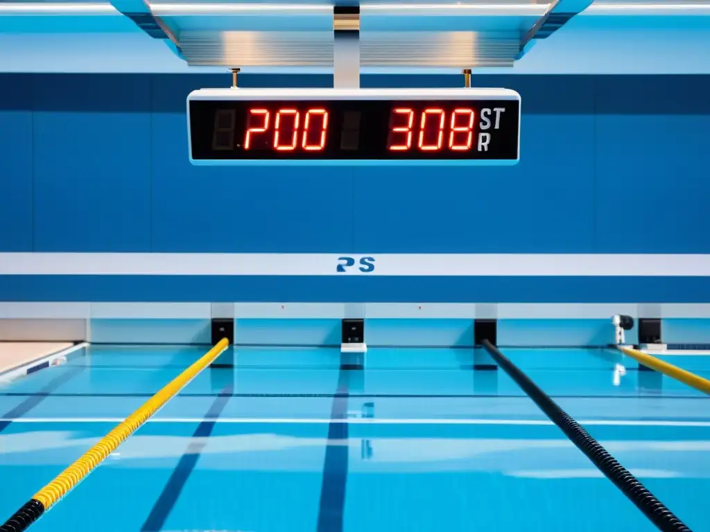 Sistema de cronometraje electrónico de última generación en competición de natación Implementación de cronometraje electrónico en competencia de natación, capturando la energía dinámica y la integración tecnológica en piscinas