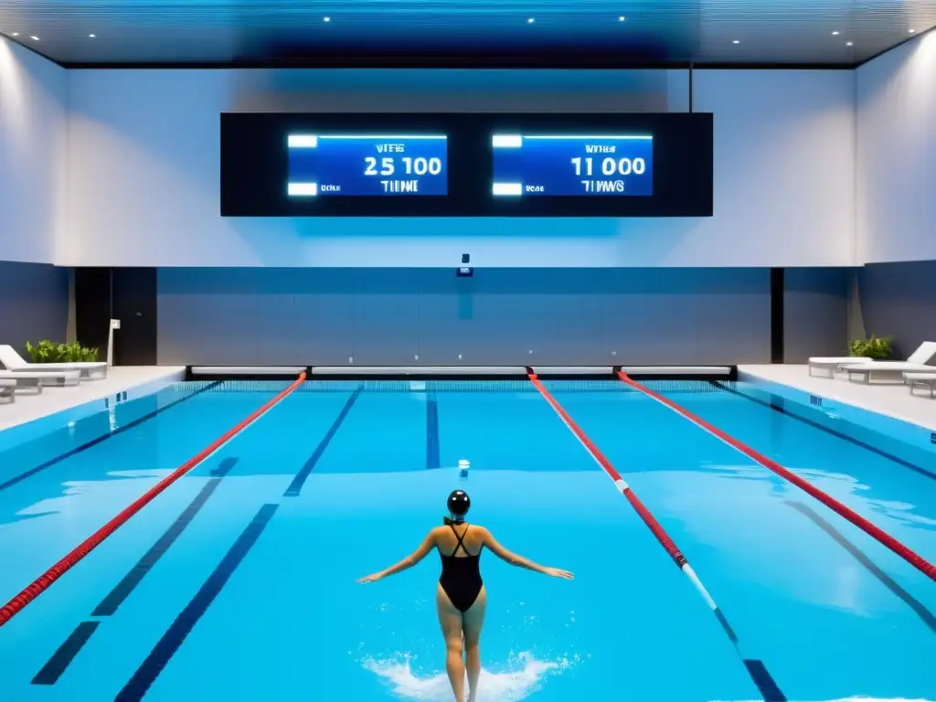 Sistema de Tiempo Electrónico en Piscina: Precisión y Dinamismo Implementación de cronometraje electrónico en piscinas: ambiente dinámico y futurista con nadadores compitiendo y luces LED vibrantes