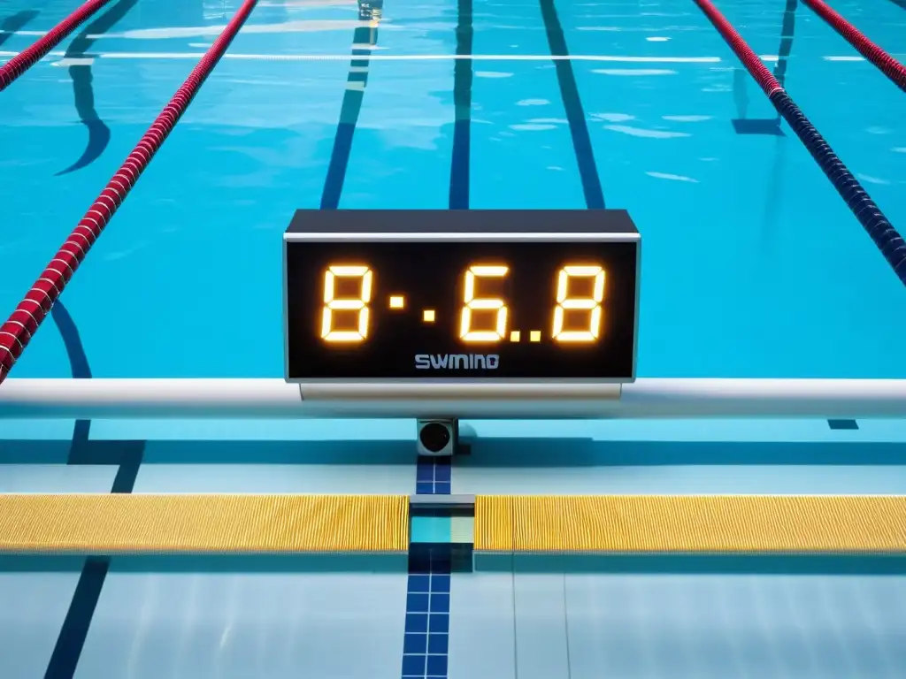 Sistema de Tiempo Electrónico en Piscina: Tecnología Avanzada Implementación de cronometraje electrónico en piscinas durante competencias de natación, con tecnología avanzada y vibrante ambiente acuático