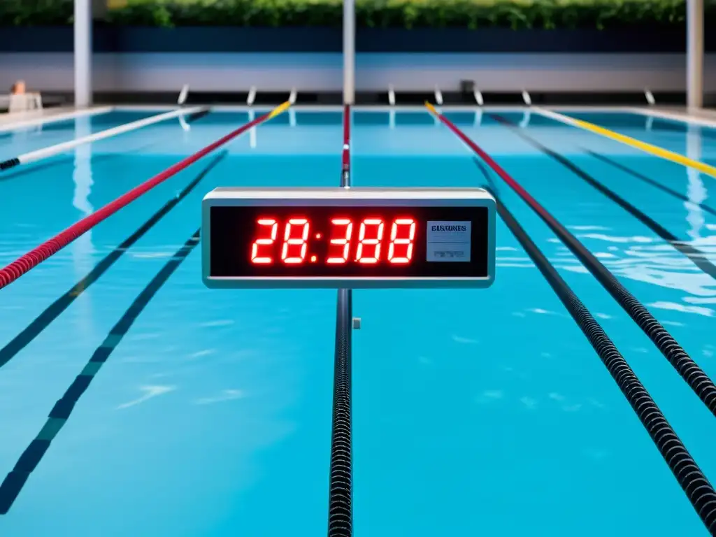 Sistema de cronometraje electrónico de alta tecnología en acción Implementación de cronometraje electrónico en piscinas, sistema moderno y preciso junto a nadadores profesionales y agua cristalina