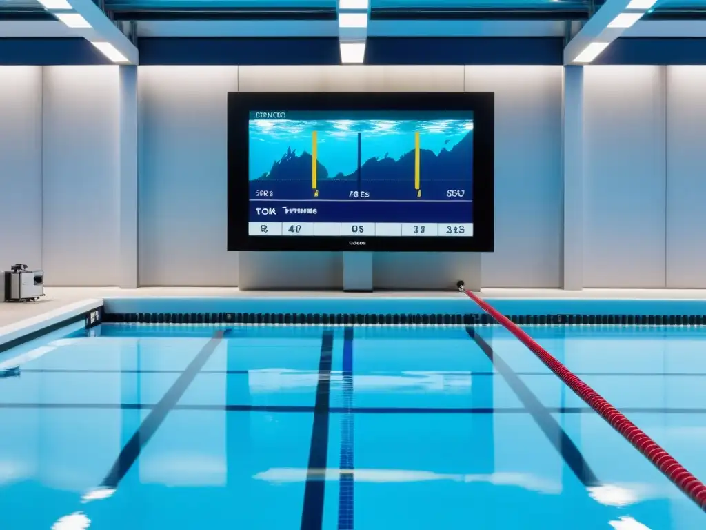 Sistema de cronometraje electrónico de vanguardia en piscina olímpica Implementación de cronometraje electrónico en piscinas: sistema de alta tecnología junto a una piscina olímpica cristalina