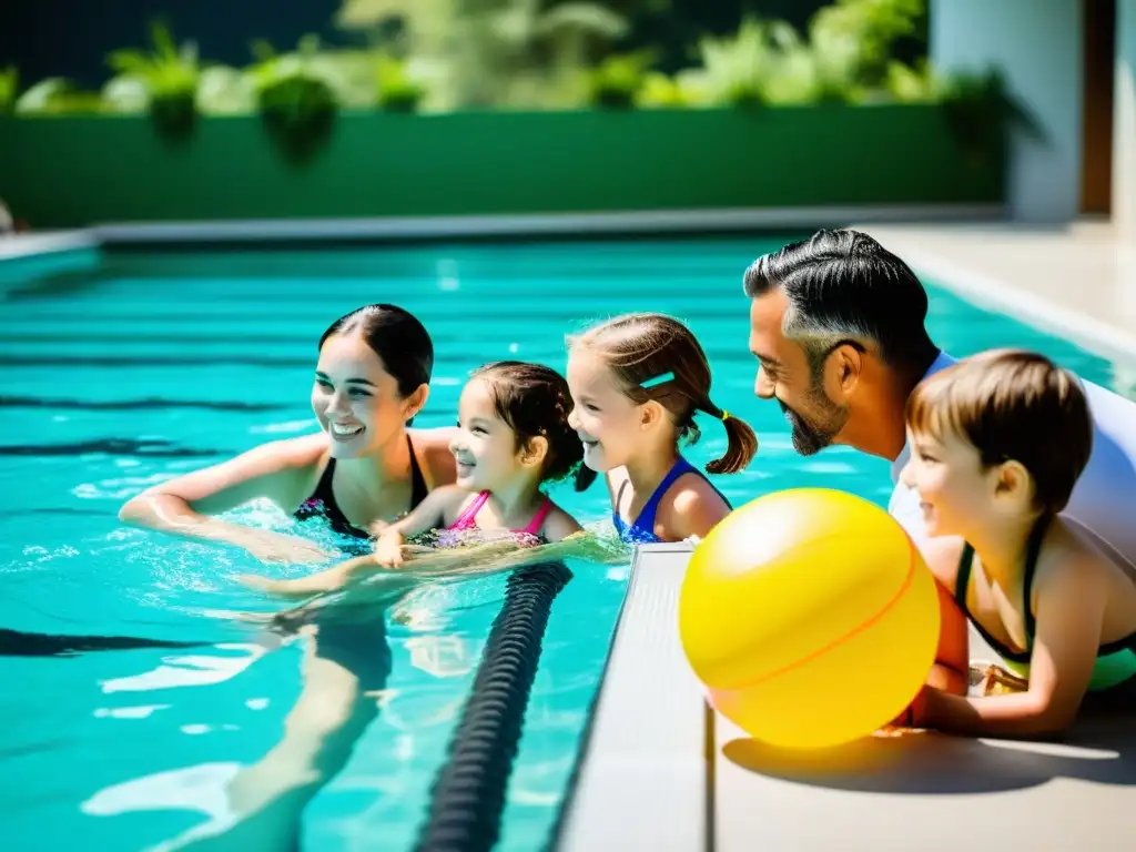 Clases de natación inclusivas y seguras para familias Un curso de natación seguro y familiar en una piscina moderna, rodeada de exuberante vegetación y bañada por la luz natural del sol