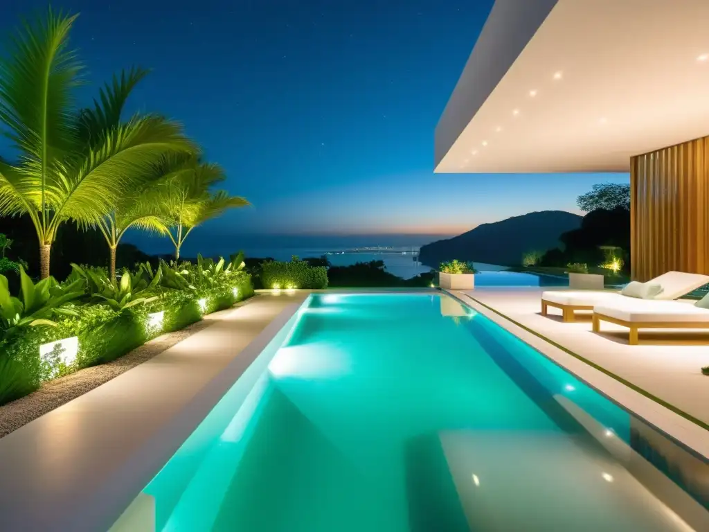 Piscina de lujo iluminada - Ambiente seguro y cautivador Deslumbrante piscina nocturna cumpliendo normativas iluminación piscinas nocturnas, con luces LED creando una atmósfera cautivadora y segura