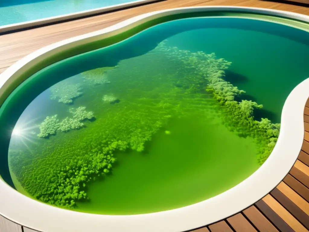 Patrones de Algas Verdes: Detalles Hipnóticos en la Superficie Detallada imagen de algas verdes en piscina, con patrones e texturas