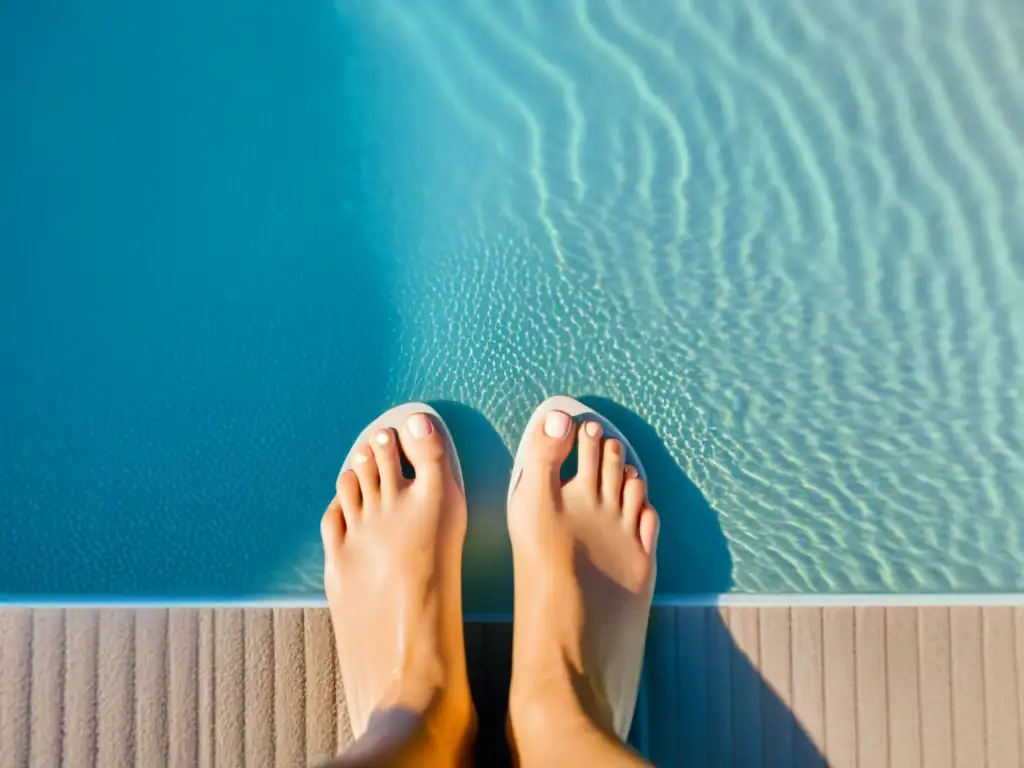 Detalle de pies descalzos en superficie antideslizante de piscina Detalle en alta resolución de pies descalzos sobre revestimiento antideslizante para piscinas, resaltando la seguridad y modernidad