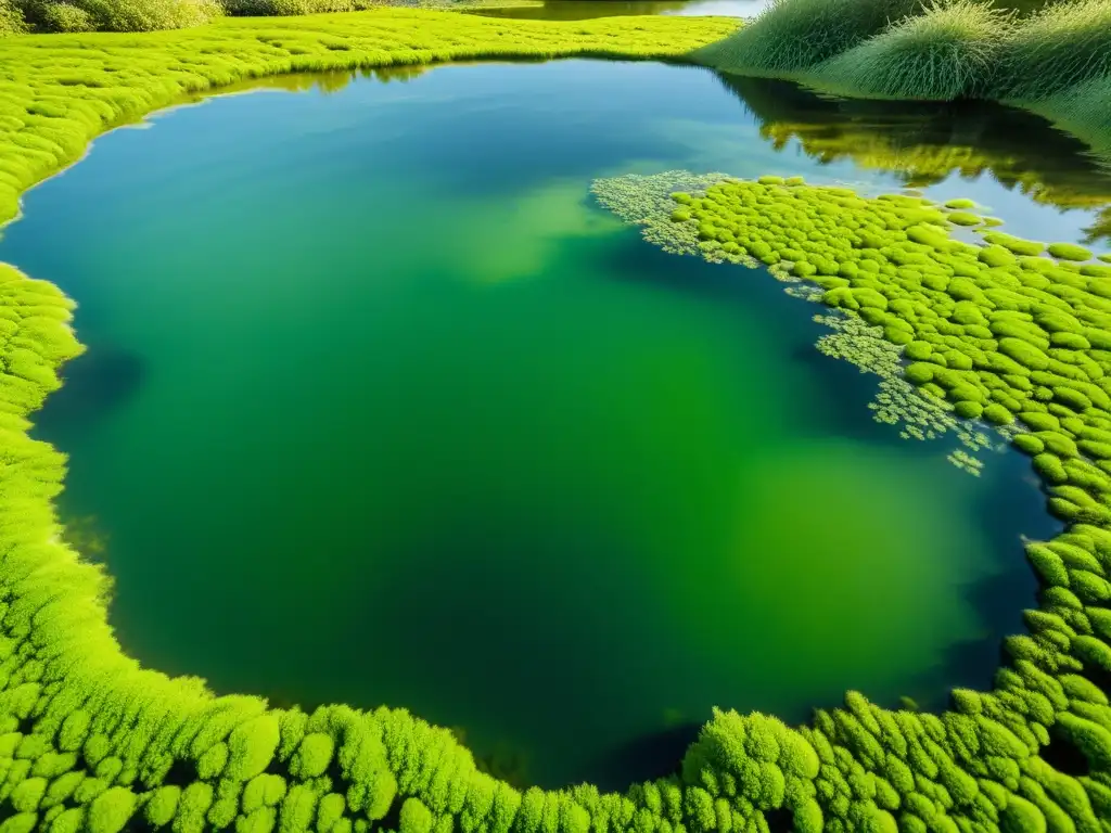 Imagen 8k de un estanque sereno con algas vibrantes Detalle impresionante del vibrante ecosistema de un estanque, resaltando la importancia del pH en el control de algas