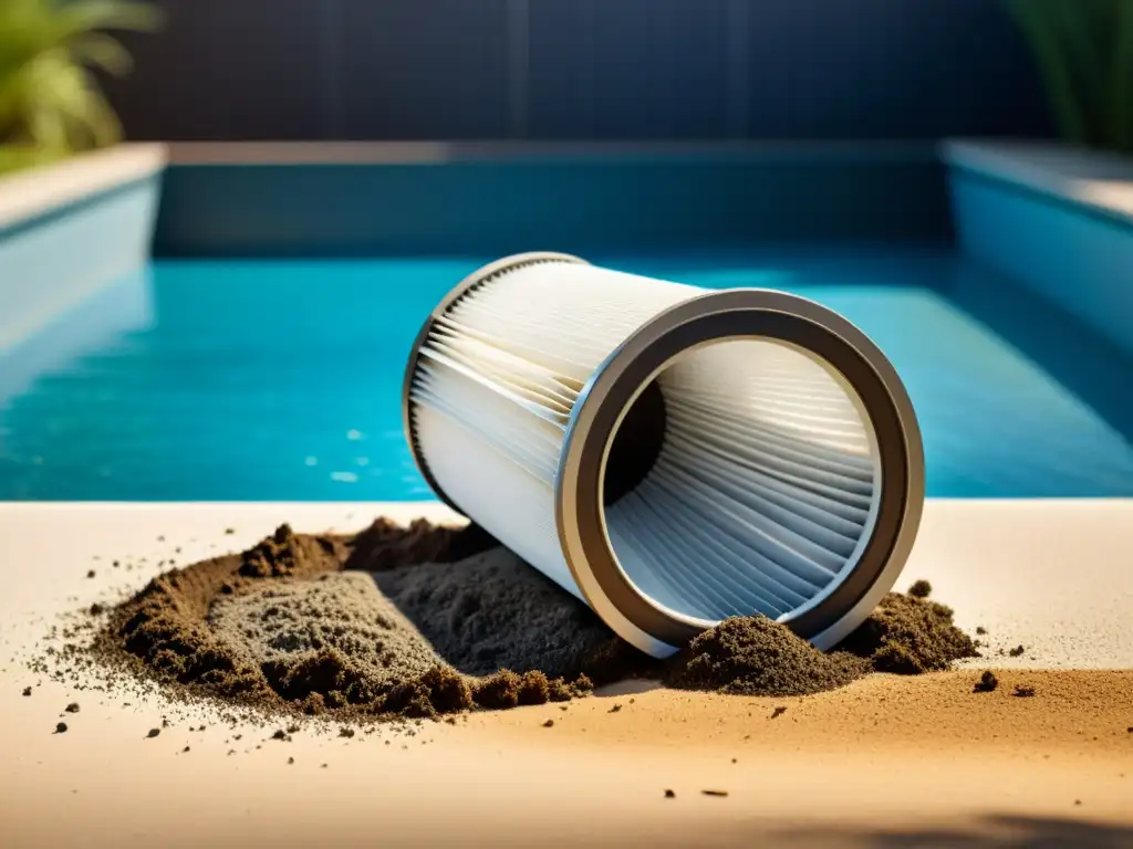 Filtro de piscina obstruido: impactante detalle Detalles de filtro de piscina obstruido resaltando la importancia de la limpieza y el mantenimiento de piscinas inflables