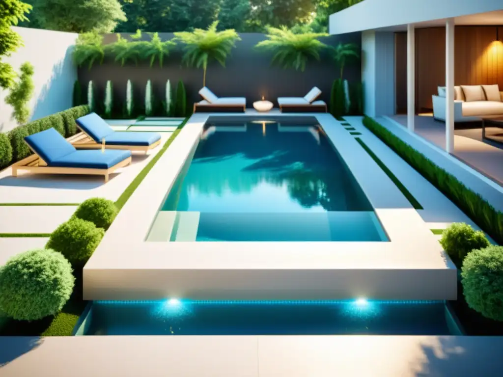 Exclusiva piscina moderna en patio elegante Consolidación de deudas con piscina: Un lujoso oasis contemporáneo con piscina, muebles elegantes y exuberante vegetación bajo el cálido sol
