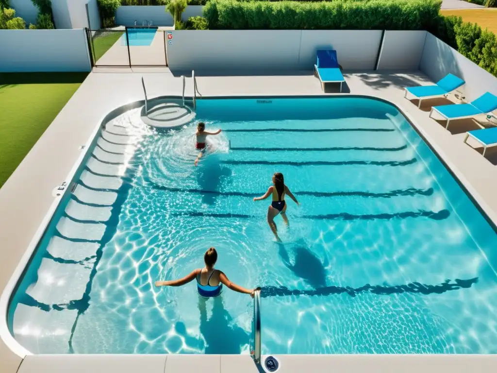 Piscina cristalina con niños felices y seguridad Un día perfecto en la piscina: niños jugando en el agua cristalina mientras disfrutan de la seguridad y la diversión