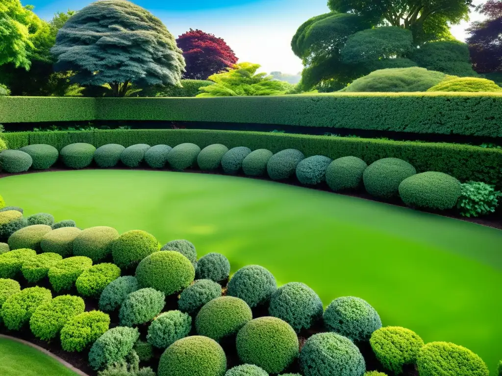 Jardín contemporáneo con arbustos verdes y patrones Diseño de jardín con setos: Jardín meticulosamente cuidado con arbustos verdes formando patrones intrincados y creando una atmósfera serena y elegante