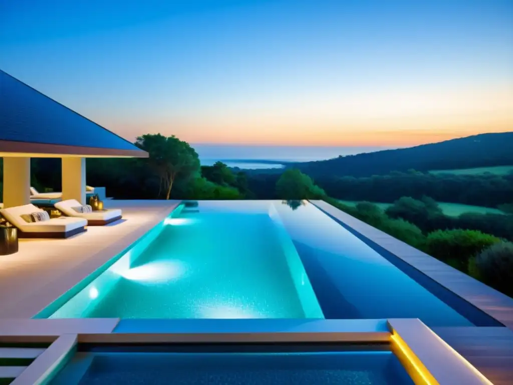 Diseño de piscina personalizada con borde infinito, iluminación submarina y elegante mosaico, rodeada de un amplio deck con tumbonas y sombrillas