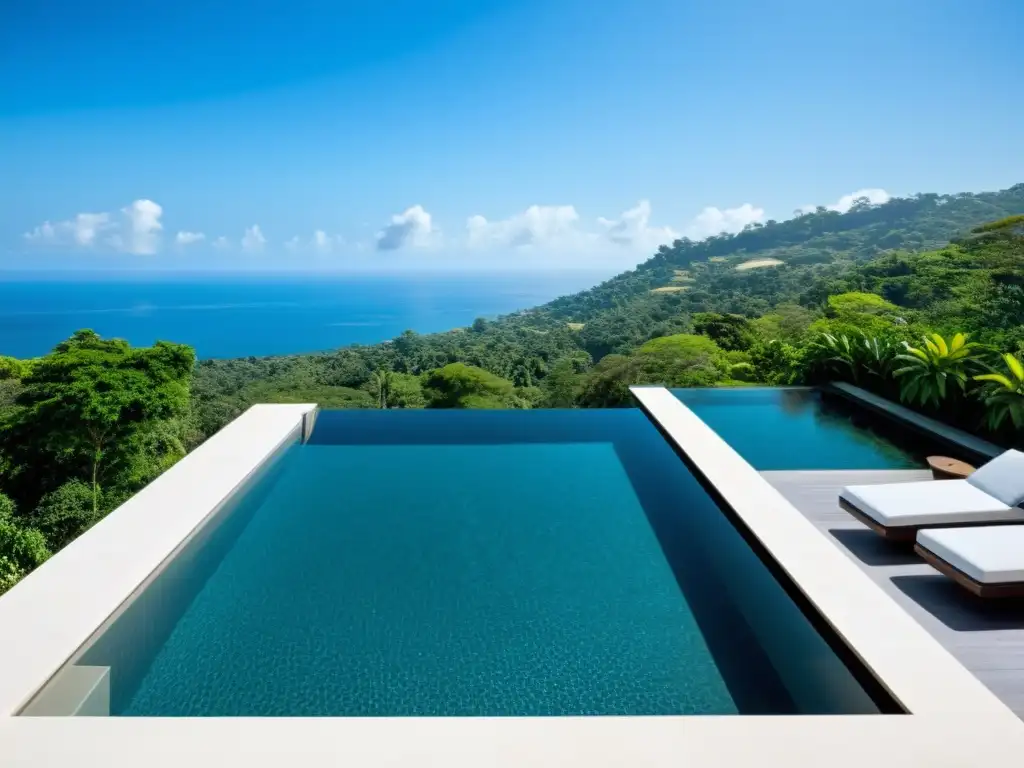 Diseño de piscina personalizada: Una impresionante piscina infinita moderna con líneas limpias y una vista panorámica del paisaje circundante