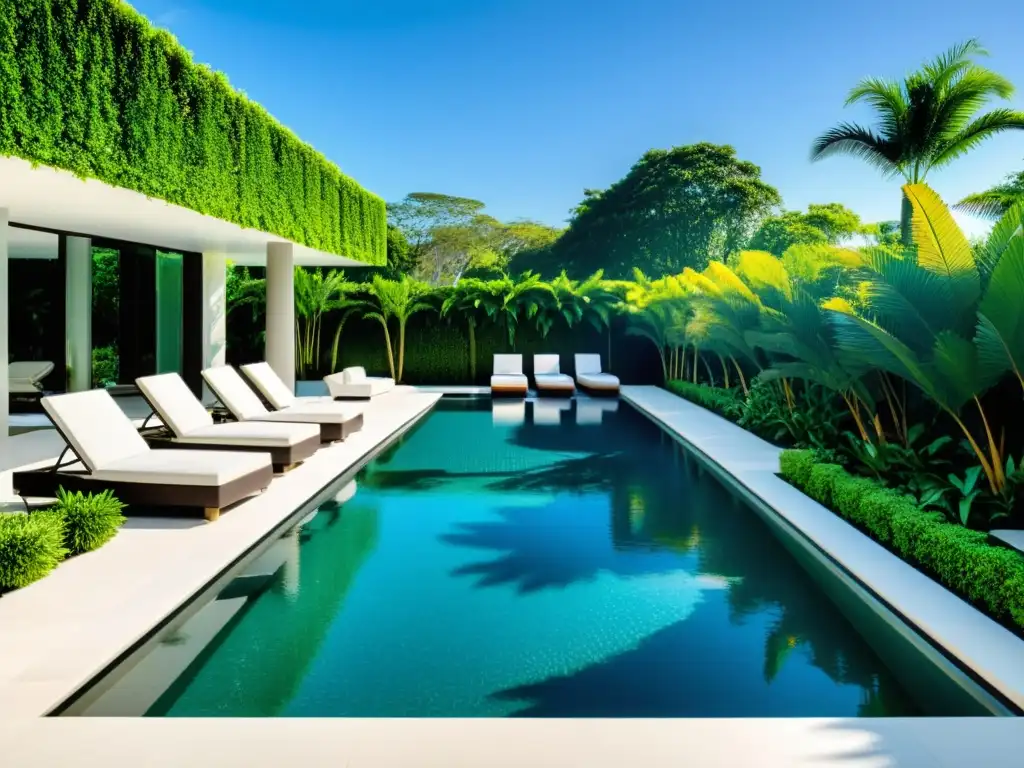 Diseño de piscina personalizada rodeada de exuberante vegetación y mobiliario moderno, creando un ambiente lujoso y acogedor
