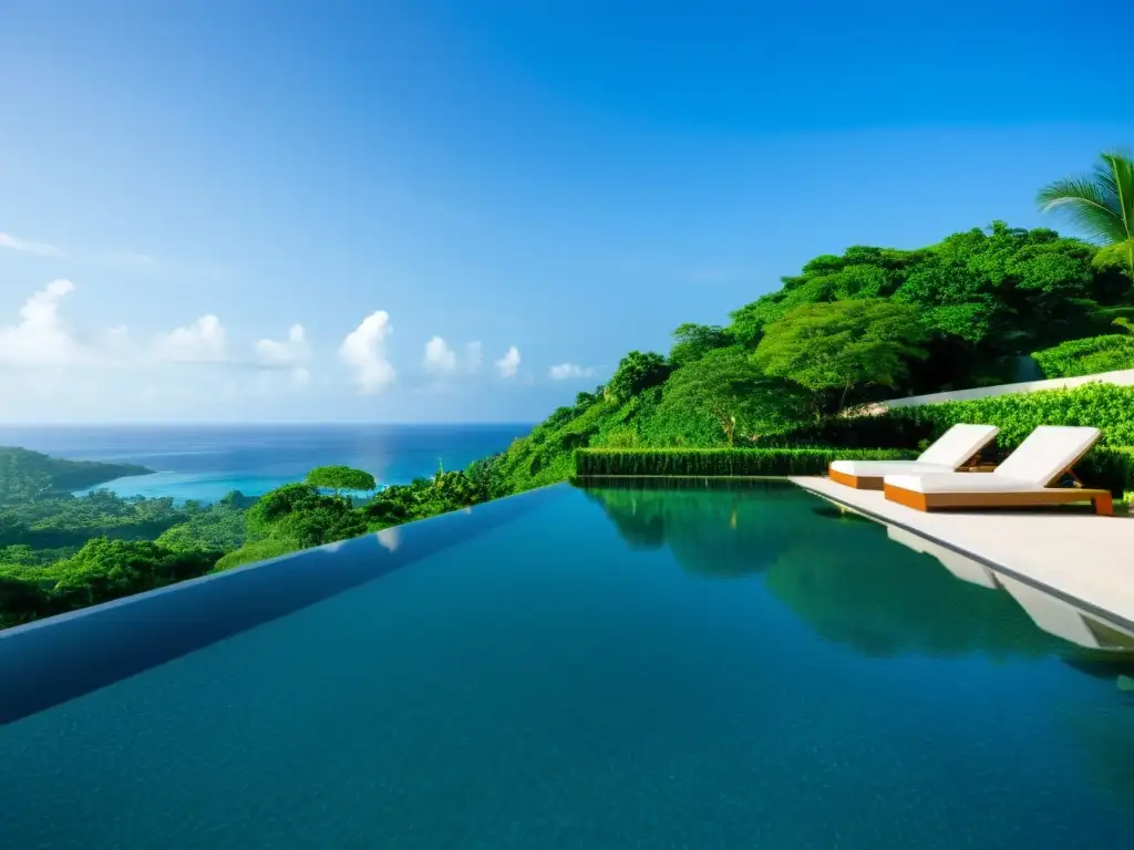 Diseño de piscina personalizada con vista a paisaje tropical exuberante, aguas cristalinas y ambiente sereno y elegante