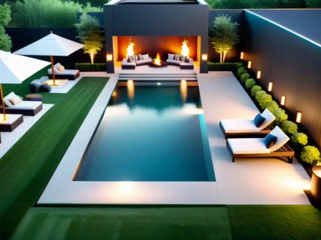 Exquisita piscina infinita con jardín y área de entretenimiento Diseño de piscinas para hogar con borde infinito, paisajismo exuberante y ambiente relajante con iluminación suave y elegante mobiliario exterior