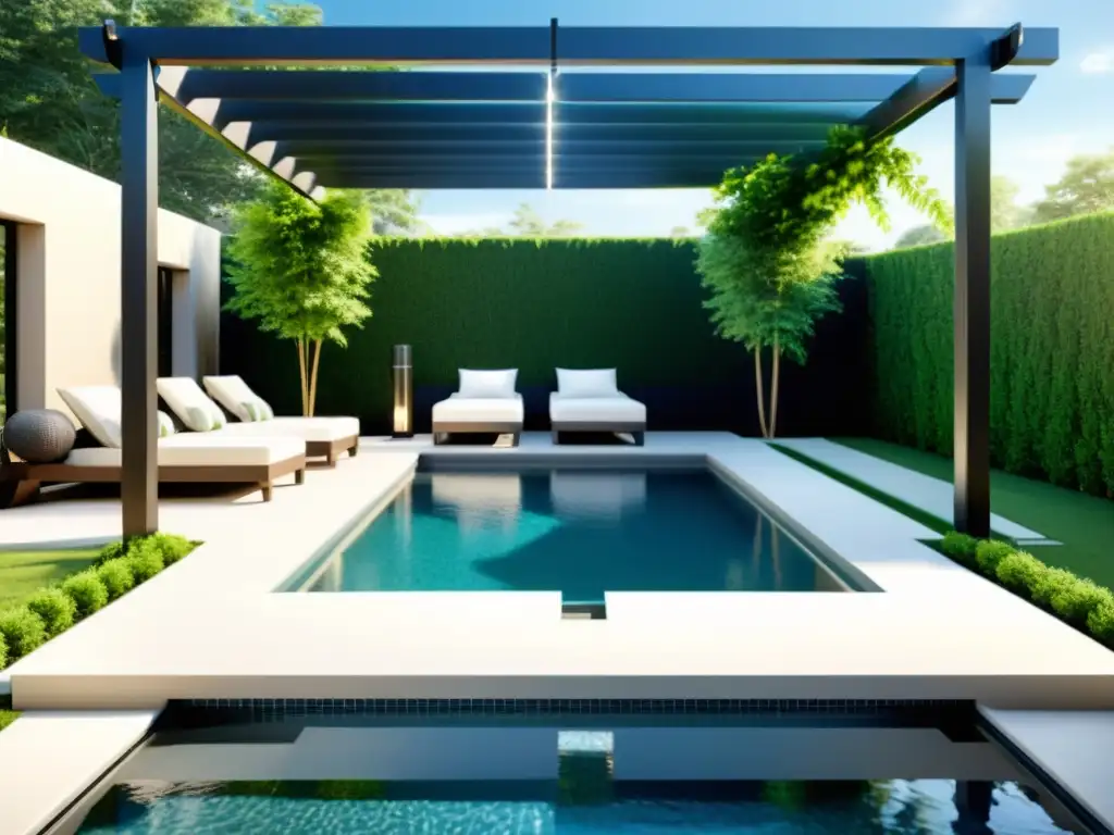 Piscina de lujo: diseño moderno con borde infinito y lounge Diseño de piscinas para hogar: Elegante piscina con diseño moderno, borde infinito y mobiliario de lujo en un exuberante jardín