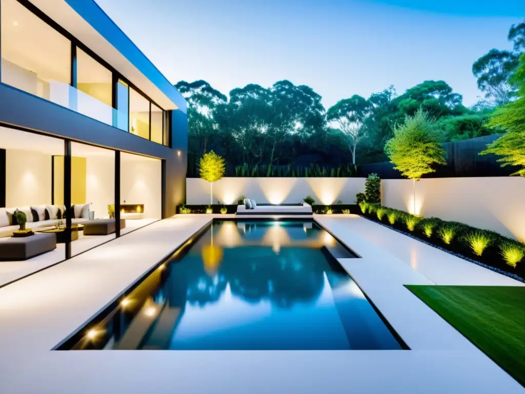 Piscina moderna y elegante en el jardín Diseño de piscinas para hogar: Geométrica piscina con líneas limpias, rodeada de exuberante paisajismo y mobiliario contemporáneo
