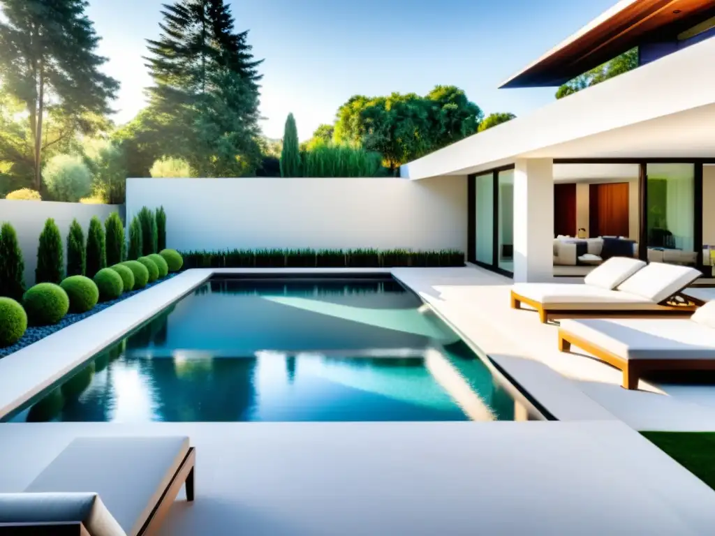 Piscina de lujo con borde infinito y diseño moderno Diseño de piscinas para hogar: Lujosa piscina de estilo moderno con borde infinito y elegante mobiliario exterior