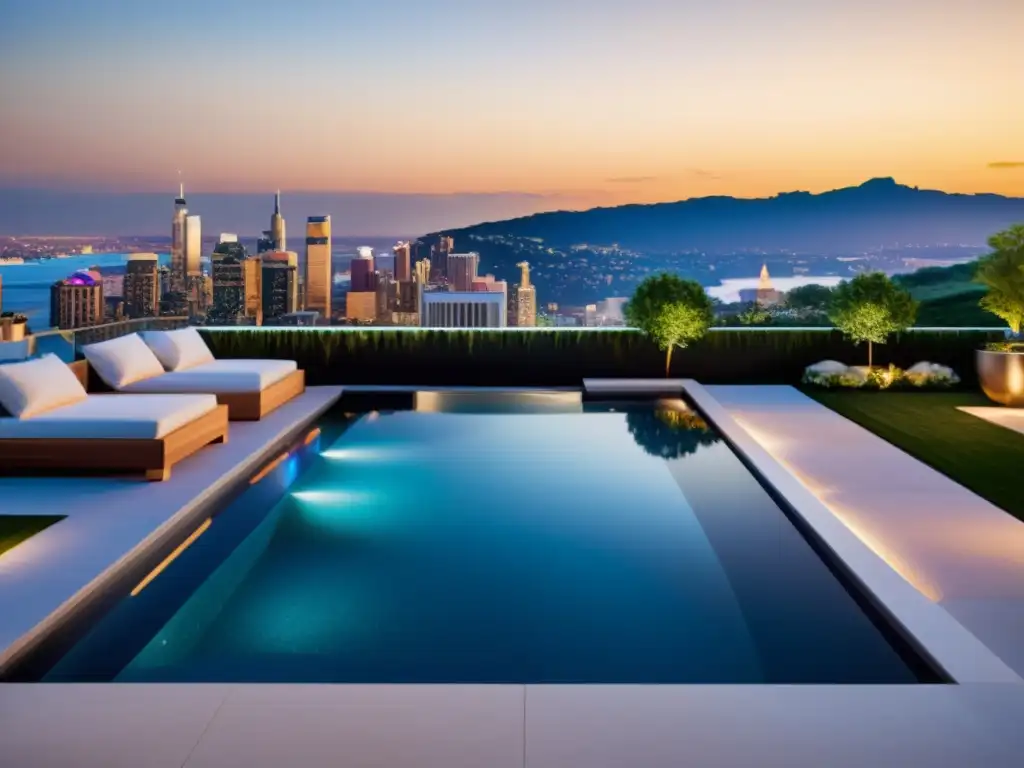 Espectacular piscina infinita con vistas a la ciudad Diseño de piscinas para hogar: Una lujosa piscina infinita moderna con vistas a la impresionante línea del horizonte de la ciudad al atardecer