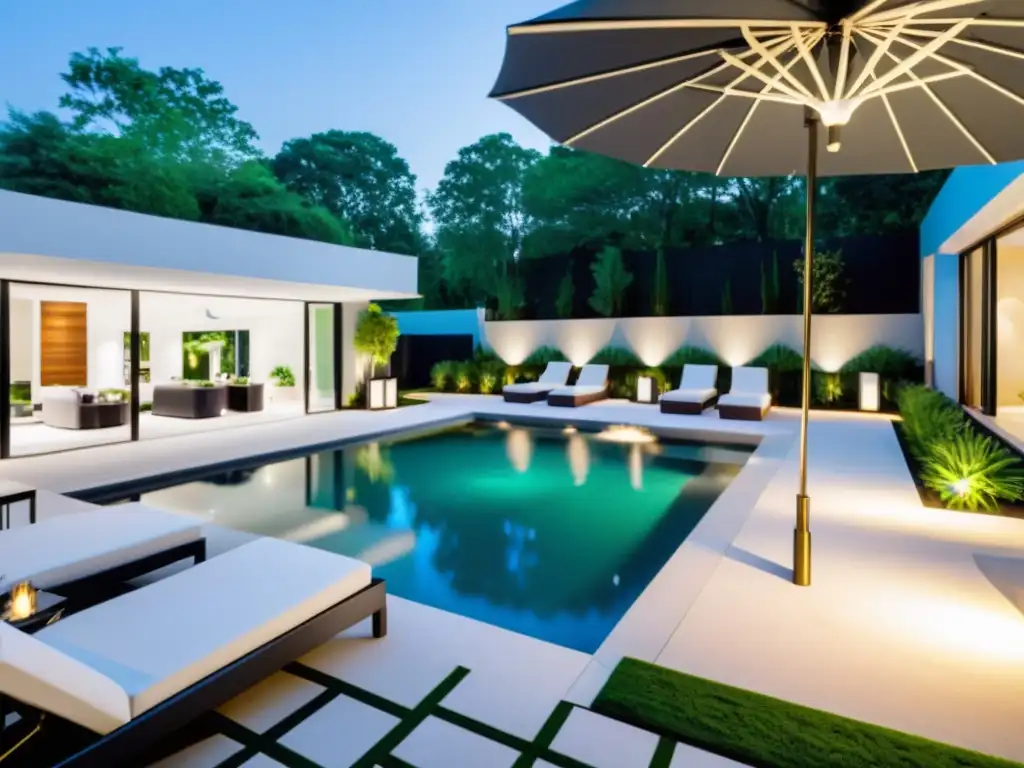 Oasis de lujo: piscina moderna y elegante Diseño de piscinas para hogar: Una lujosa piscina moderna rodeada de muebles minimalistas y exuberante vegetación, creando una atmósfera de sofisticación y relajación