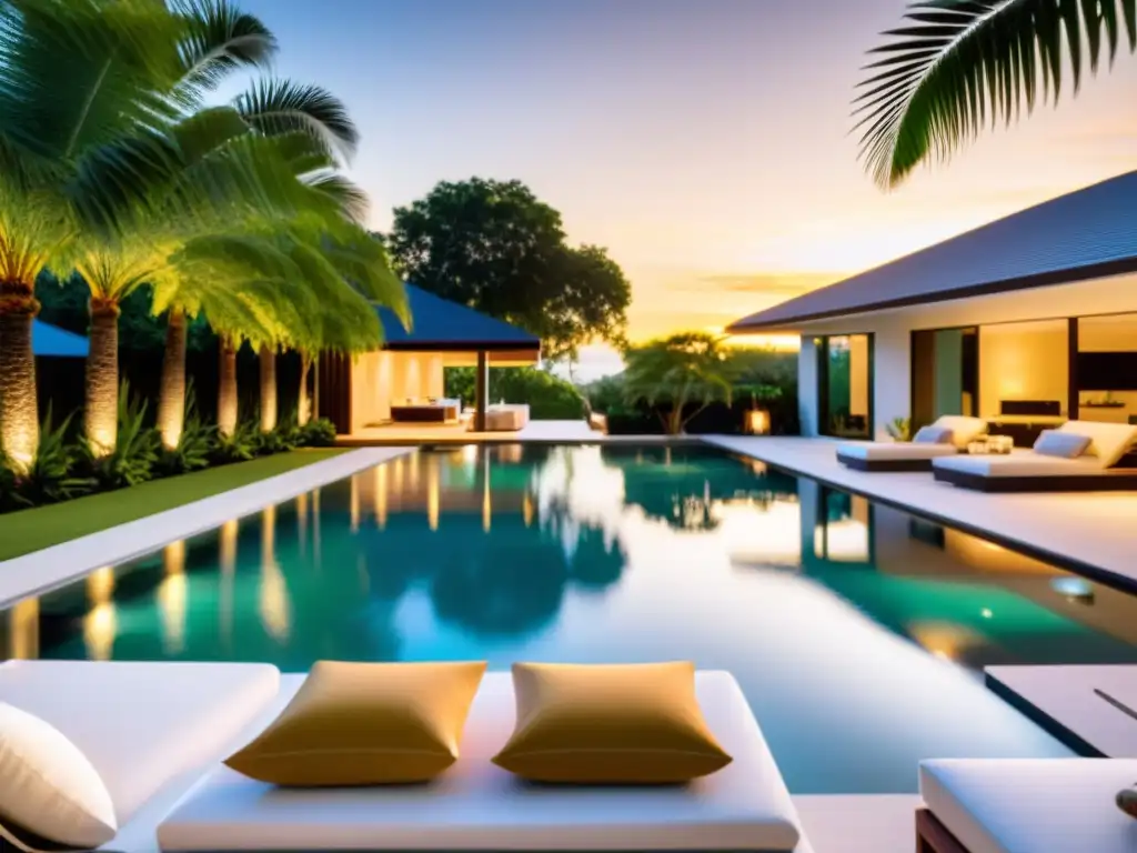 Piscina de lujo con diseño moderno y atardecer impresionante Diseño de piscinas para hogar: Una lujosa piscina en el patio trasero con un diseño moderno y elegante, rodeada de palmeras y reflejando una puesta de sol impresionante