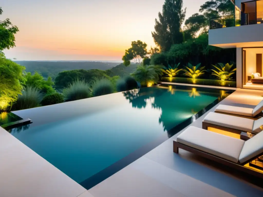 Piscina de borde infinito en atardecer lujoso Diseño de piscinas para hogar: Una lujosa piscina moderna con borde infinito, rodeada de exuberante vegetación y elegantes muebles al aire libre